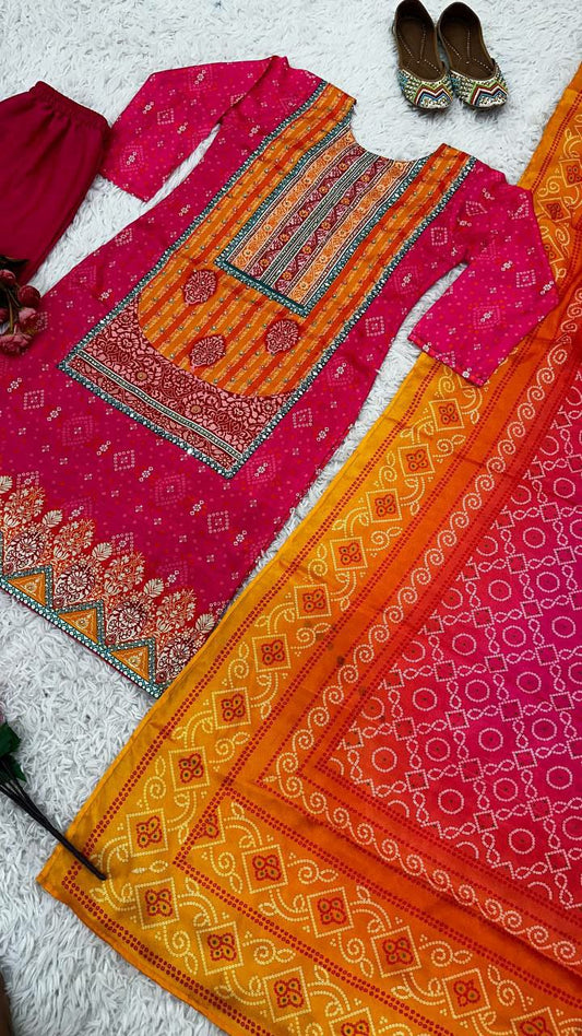 Heavy Pure Chinnon Silk WithDigital Print With Real Mirror Handwork and Diamond Handwork With Full Sleeve