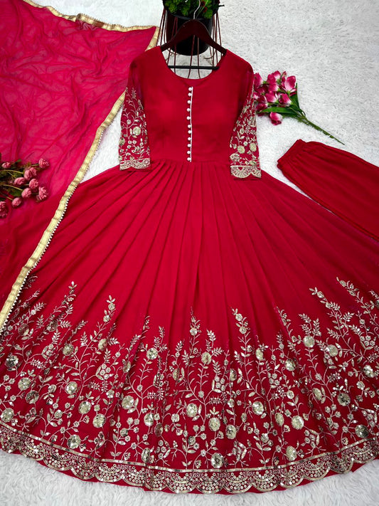 Faux georgette With Full Heavy Embroidery Sequence Work with Sleeve Gow