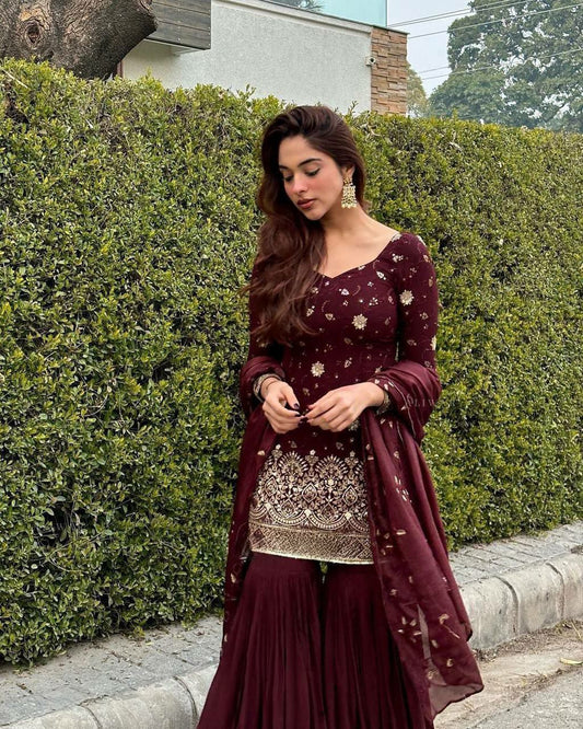 Brown Sharara And Kurta Pair In Faux Georgette For Wedding Season