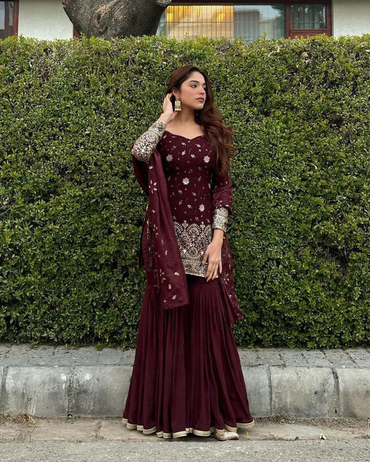 Brown Sharara And Kurta Pair In Faux Georgette For Wedding Season