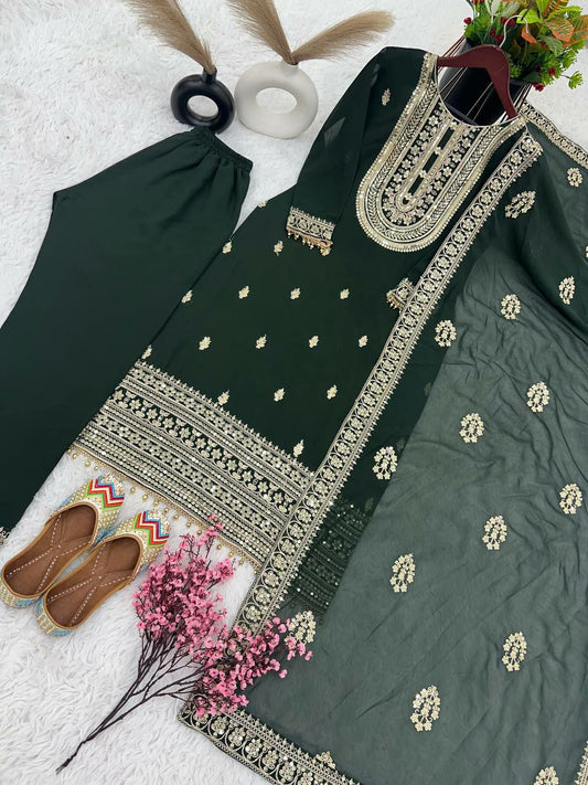 Heavy Faux Georgette With Heavy Embroidery Coding Dori-Sequence Work Kurti With Full Sleeve