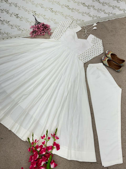 Heavy Chinon Silk With Embroidery Sequence Work With Sleeve (Fullstitched ) Gown