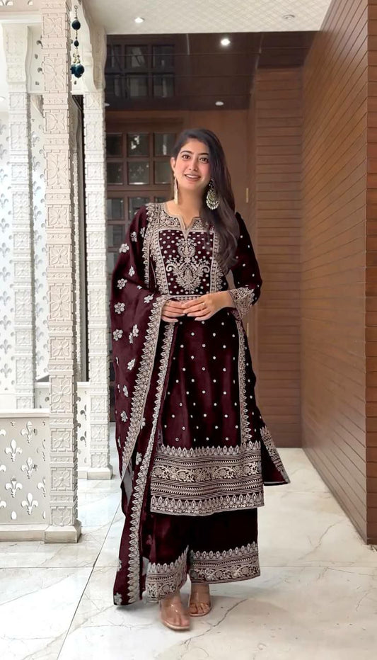 Pure Chinnon Silk With Heavy Embroidery Sequence Work And Full Sleeve