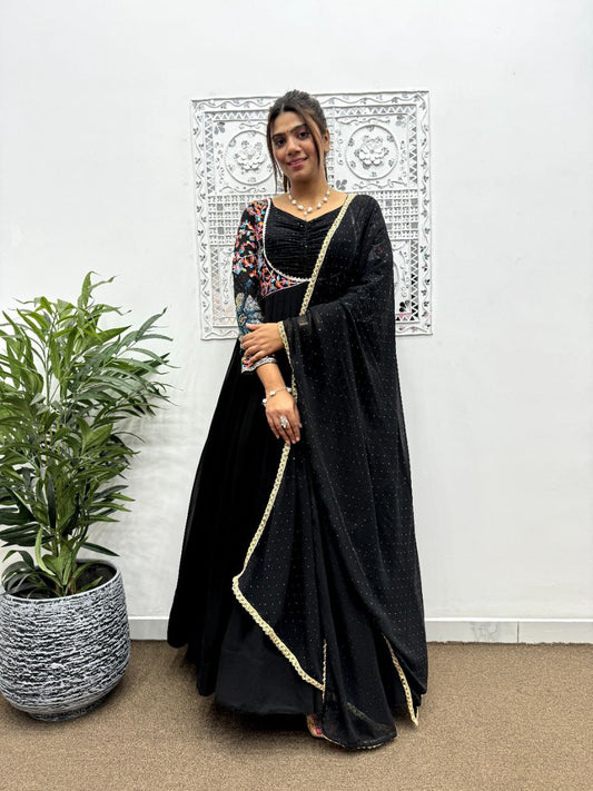 Heavy Faux Georgette And Sleeve With Work Black Gown