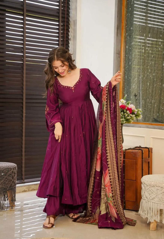 Pure Chinnon Silk With Embroidery Sequence Work With Fancy Full Sleeve