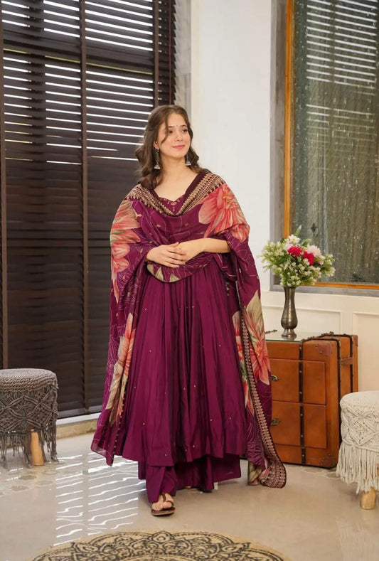 Pure Chinnon Silk With Embroidery Sequence Work With Fancy Full Sleeve