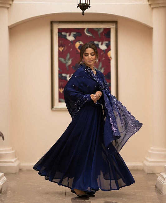 Faux Georgette With Sleeve and Fully 8 Meter Flair with Attached Pad and Potli Button (Fullstitched ) Gown