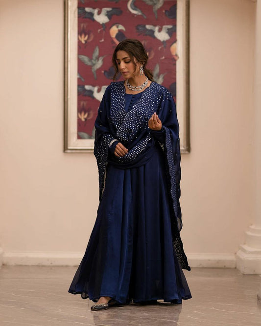 Faux Georgette With Sleeve and Fully 8 Meter Flair with Attached Pad and Potli Button (Fullstitched ) Gown