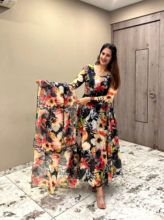 Tabhi Organza Material With Digital Print ( Fully Sleeves ) Anarkali Dress