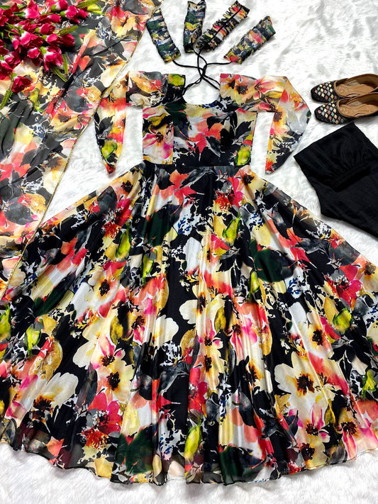 Tabhi Organza Material With Digital Print ( Fully Sleeves ) Anarkali Dress