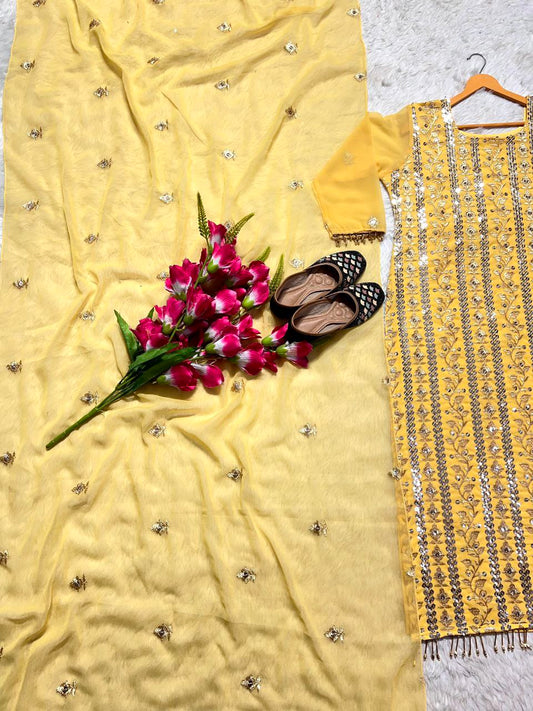 Hevay Faux Georgette Fabric With Heavy Embroidery 9mm Sequence Work With Moti Latkan