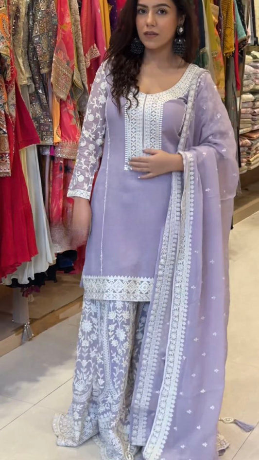 Faux Georgette And Full Sleeve With Work Purple Kurti