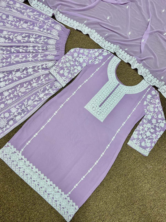 Faux Georgette And Full Sleeve With Work Purple Kurti