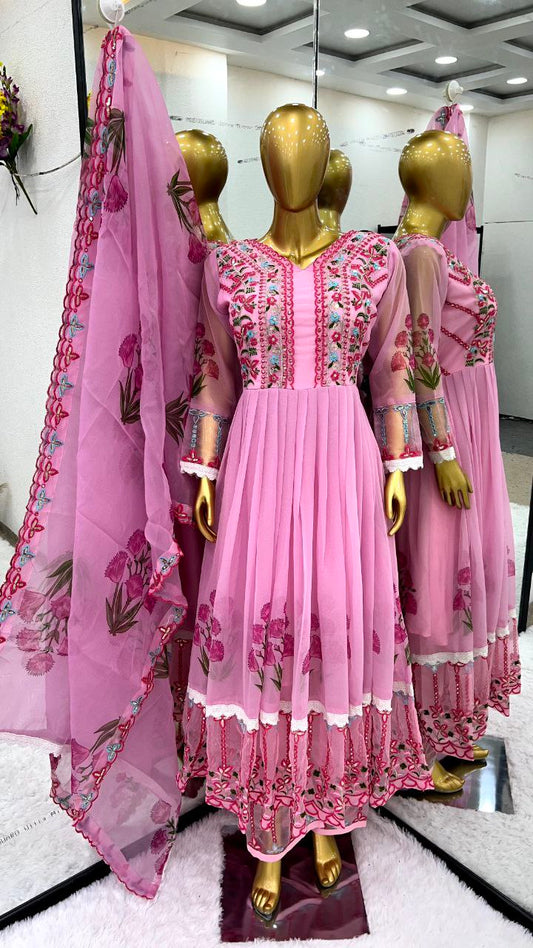 Faux Georgette and Heavy Net With Heavy Embroidery WorkWith Digital Print Work Full Sleeve Gown