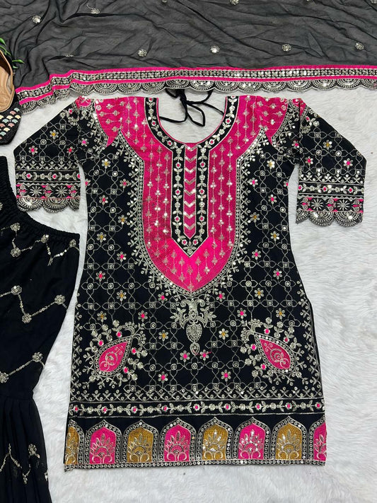 Heavy Faux Georgette With Heavy 5mm Embroidery Sequence Work With Full Sleeve With Latkan Dori Sharara