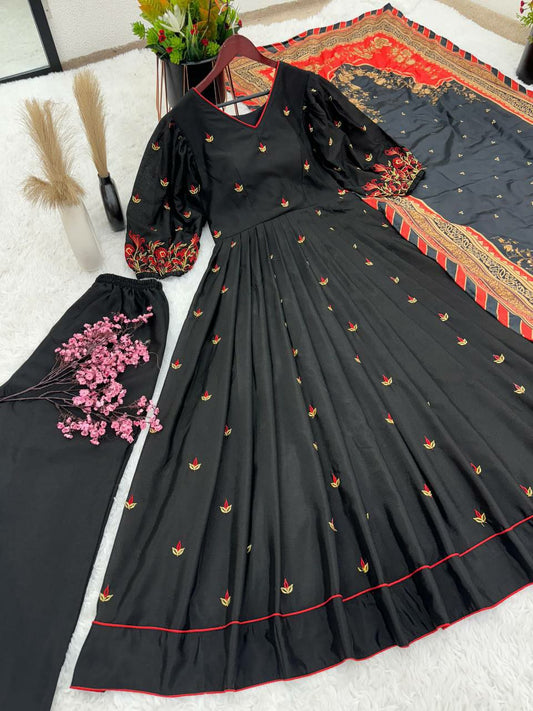 Pure Chinnon Silk With Embroidery Work With Fancy Full Sleeve Round Kurti