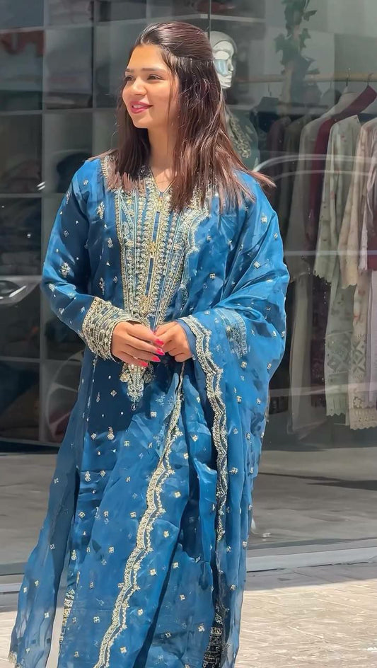 Heavy Organza Sillk With Embroidery 5 mm Sequence Work With Sleeve kurti