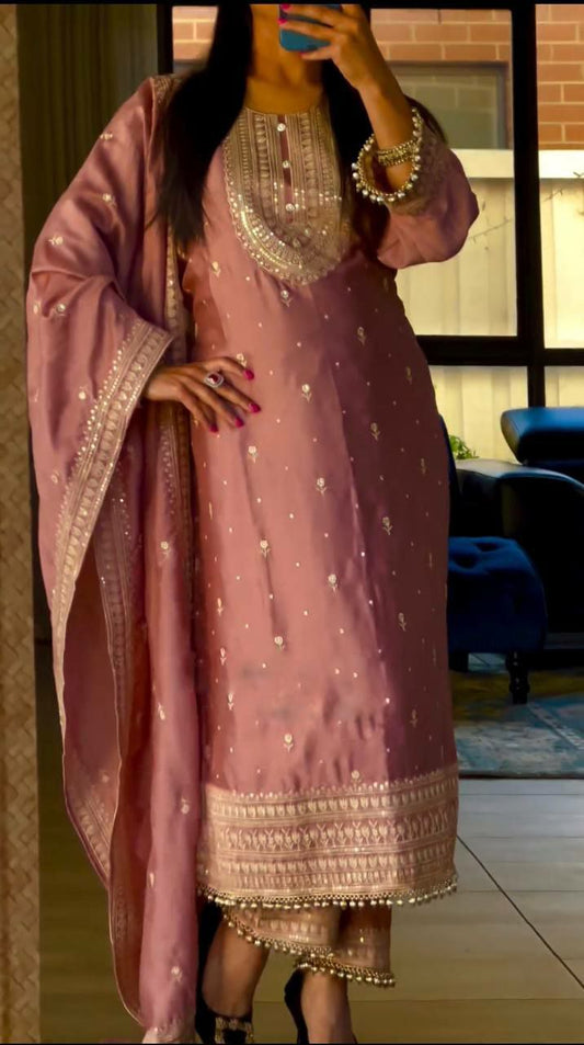 Pure Heavy Chinnon Silk With Heavy Embroidery Sequence Work With Full Sleeve Pink Kurti