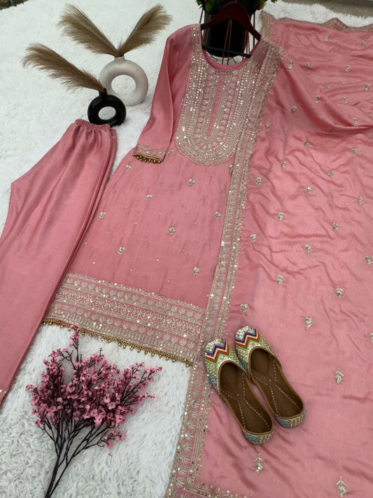 Pure Heavy Chinnon Silk With Heavy Embroidery Sequence Work With Full Sleeve Pink Kurti