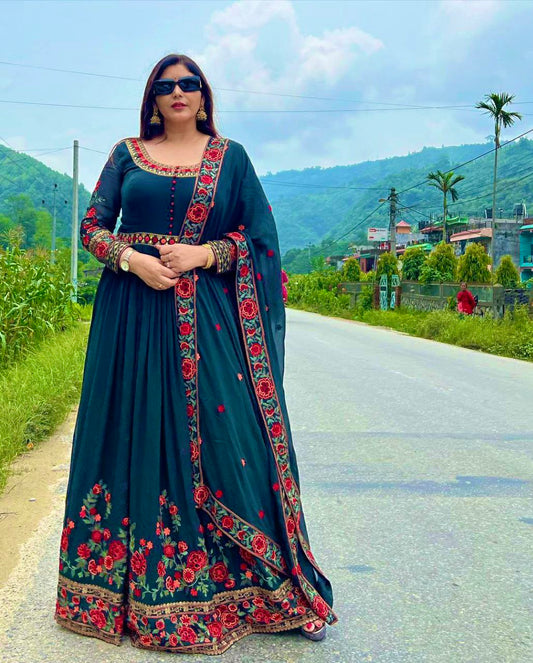 SEQUENCE 5MM, MULTI NEEDLE WORK, WITH EMBROIDERY WORK WITH FULL SLEEVES FABRICS DETAIL GOWN