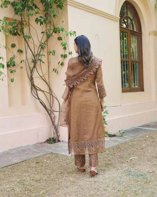 Heavy Chandhery Silk With Embroidery Sequence Work Brown Kurti