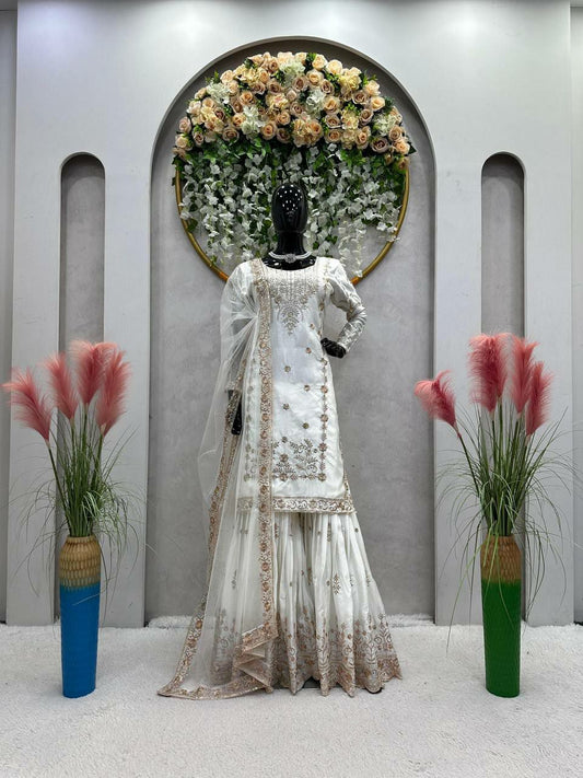 White Chinon Silk Sequence Work For Women For Wedding