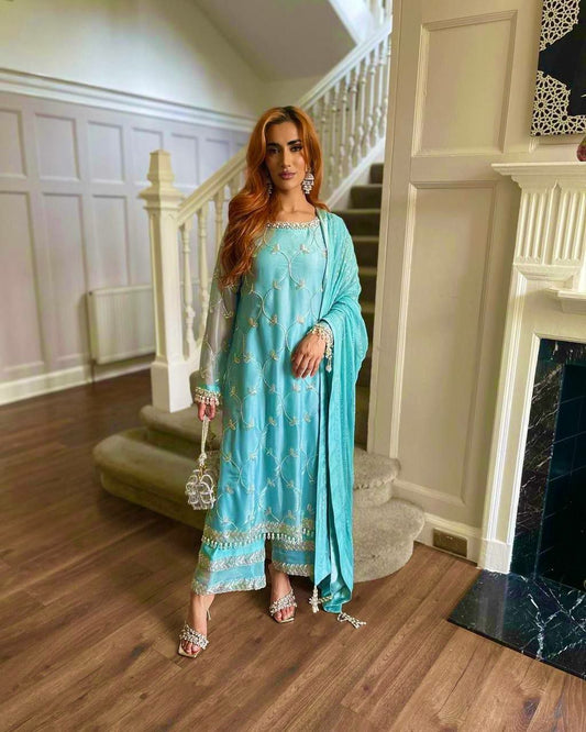 Pure Chinon Silk And Sleeve With Work Kurti Work: Fancy Embroidery And Sequins Work With Fancy Latkan Lace Border Kurti