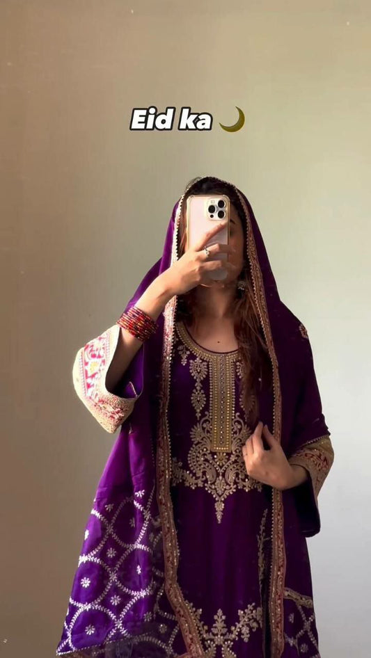 Pure Chinon purple Kurti And Plazzo Set For Women