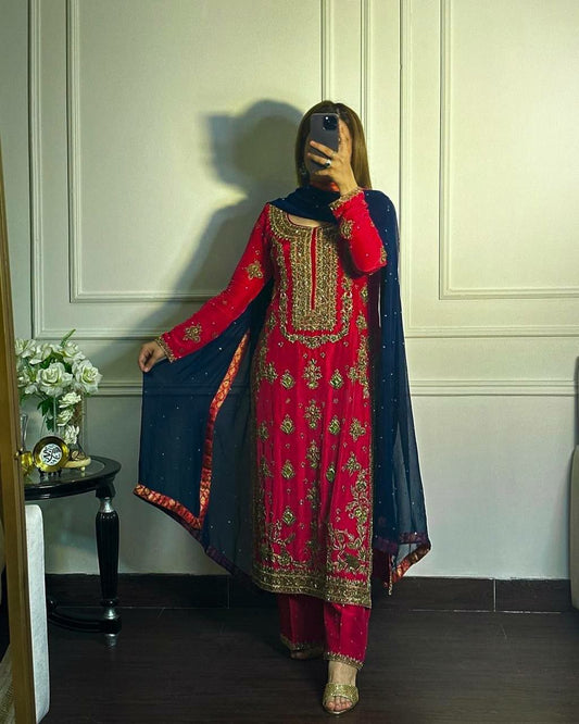 Pure Chinon Silk And Sleeve With Work Kurti Work : Fancy Heavy Embroidery And Sequins Work Kurti Set