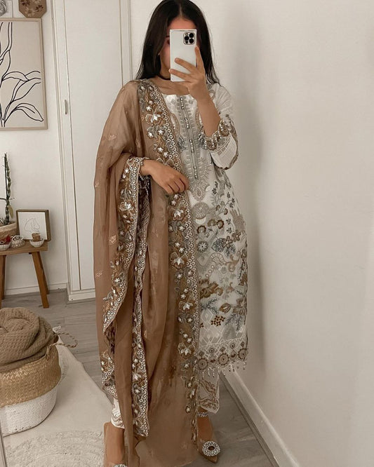 FOX GEORGETTE WORK : REAL HAND WORK MULTI NEEDLE EMBROIDERY WORK FANCY SLEEVE MOTI LACE WORK