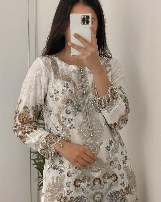 FOX GEORGETTE WORK : REAL HAND WORK MULTI NEEDLE EMBROIDERY WORK FANCY SLEEVE MOTI LACE WORK