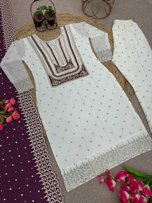 Heavy Faux Georgette With Heavy Embroidery Sequence Work with Full Sleeve Kurti Pair