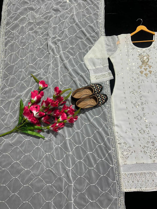 Hevay Faux Georgette With Heavy multi Needle Embroidery 5mm Sequence Work With fancy Less . (Fully Sleeve’s) Long Kurti For Women