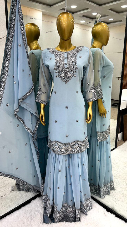 Heavy Faux Georgette With Heavy Malty Thread Embroidery Work With Full Sleeve Kurti