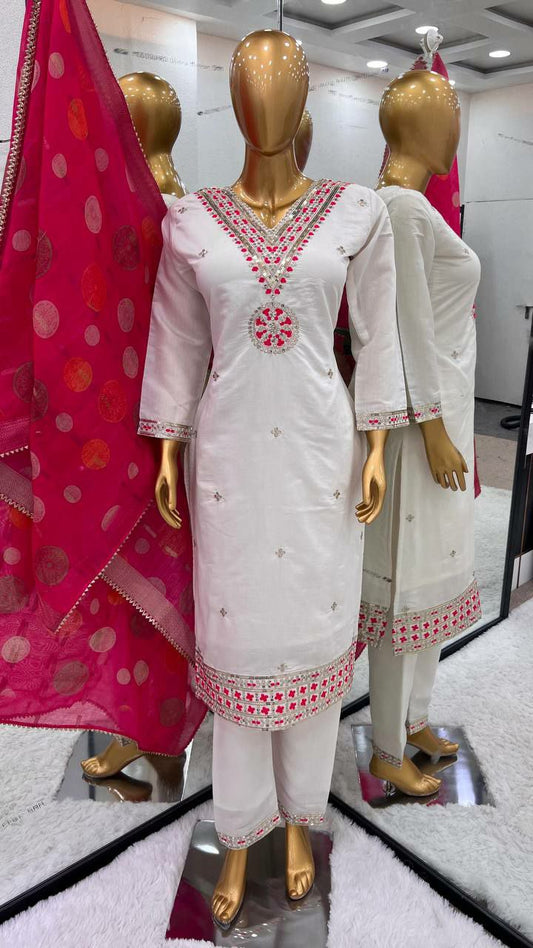 Pure Heavy Chinnon Silk White Kurti With Heavy Embroidery Sequence Work With Full Sleeve
