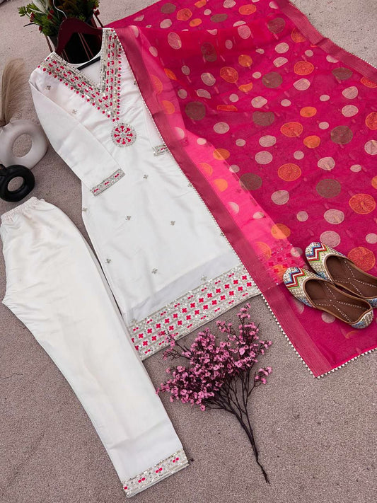 Pure Heavy Chinnon Silk White Kurti With Heavy Embroidery Sequence Work With Full Sleeve