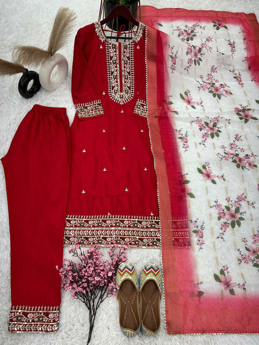 Pure Heavy Chinnon Silk With Heavy Embroidery Sequence Work Kurti Set With Full Sleeve