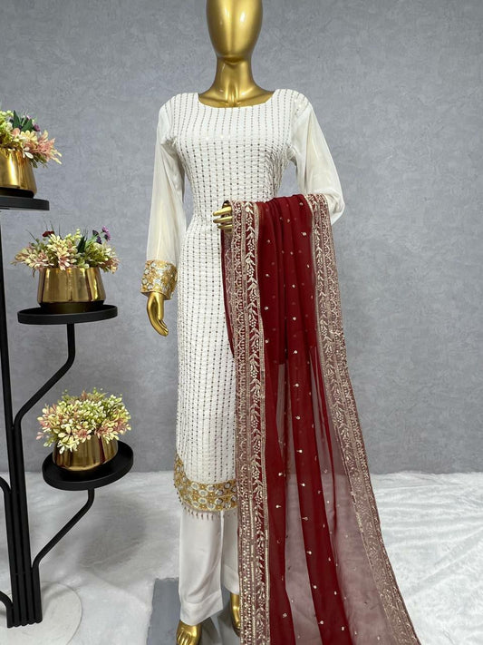 Faux Georgette White Fancy Embroidered Kurti For Women