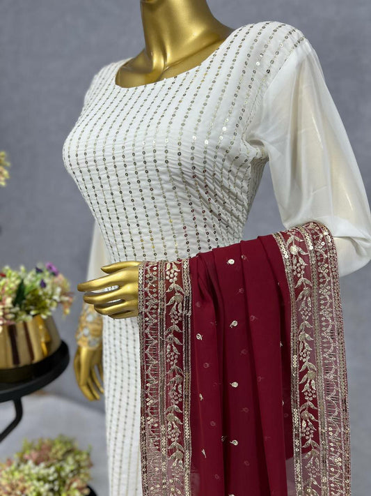 Faux Georgette White Fancy Embroidered Kurti For Women