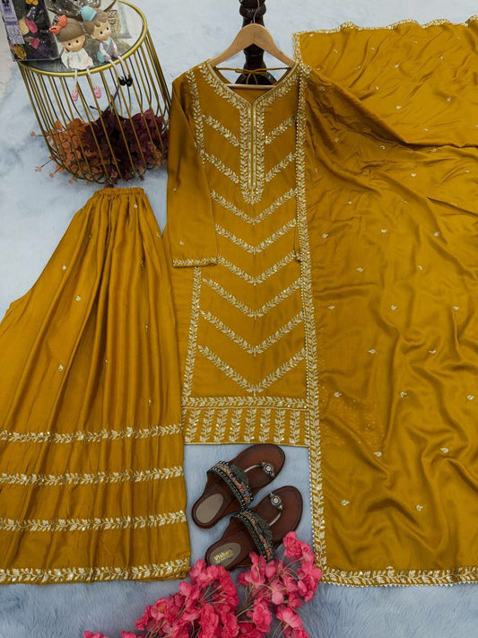 Pure Chinon Silk With Embroidery 5 mm Sequence Work With Sleeves Yellow Kurti Set