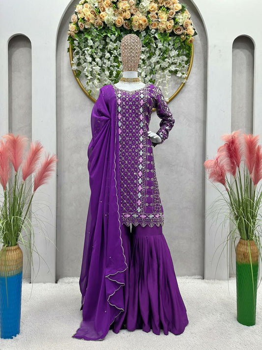 Purple Embroidered Stylish Kurti And Sharara Pair With Dupatta