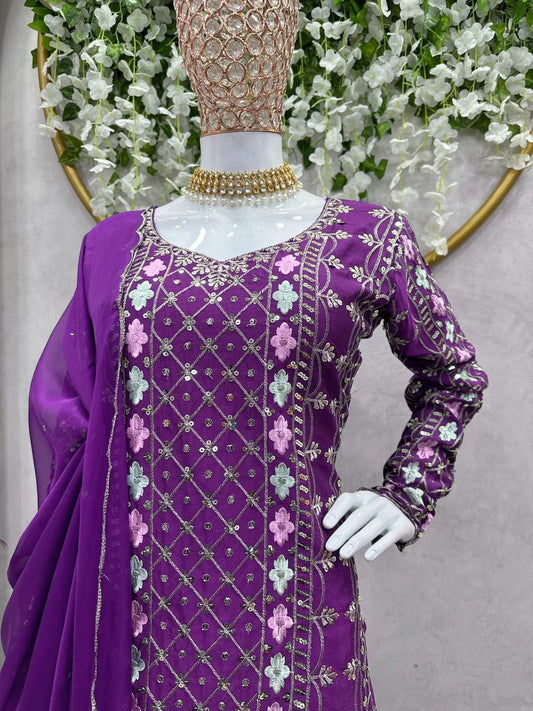 Purple Embroidered Stylish Kurti And Sharara Pair With Dupatta