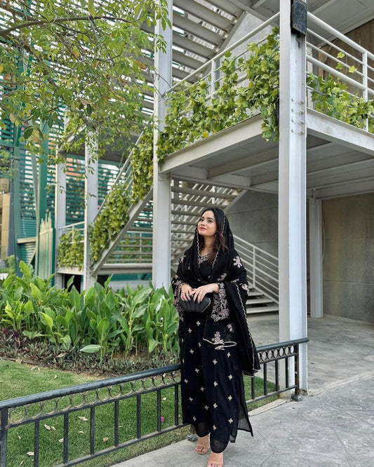 Heavy Faux Georgette With Heavy Embroidery 5 mm Sequence Work With Fancy Bell Sleeve Black Pakistani Dress