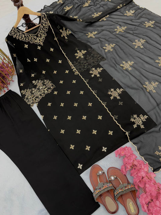 Heavy Faux Georgette With Heavy Embroidery 5 mm Sequence Work With Fancy Bell Sleeve Black Pakistani Dress
