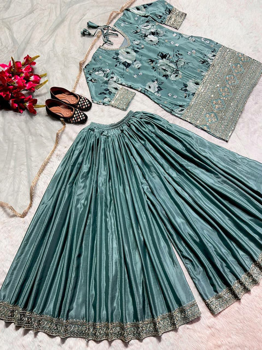 Hevay Pure Chinon Silk With Heavy Embroidery 5mm Sequence Work And Digital Print. (Fully Sleeve’s) Kurti And Sharara Pair