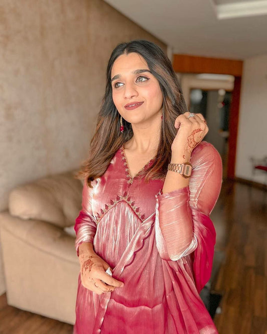 Jimmy Choo Silk With Micro Cotton Red Round Kurti For Women