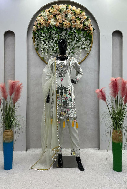 Pure Muslin White Kurti With Thread Sequence Work And Fancy Latkan