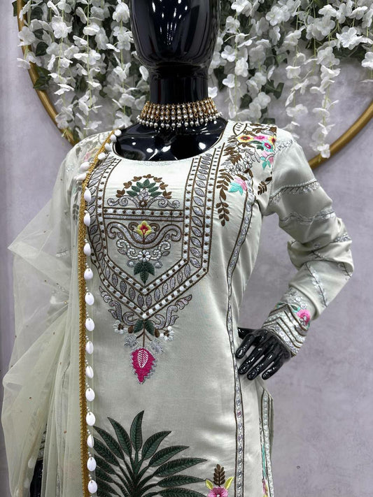 Pure Muslin White Kurti With Thread Sequence Work And Fancy Latkan