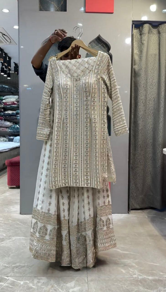 faux Georgette And Full Sleeve With Work White Kurti Set