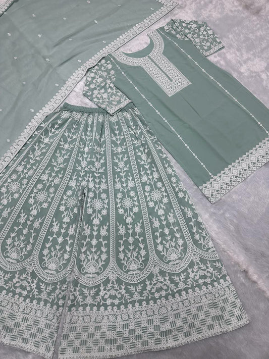 Faux Georgette And Full Sleeve With Work Kurti Set